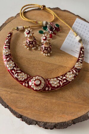 Home Red Meenakari Floral Kundan Hasli Necklace Set